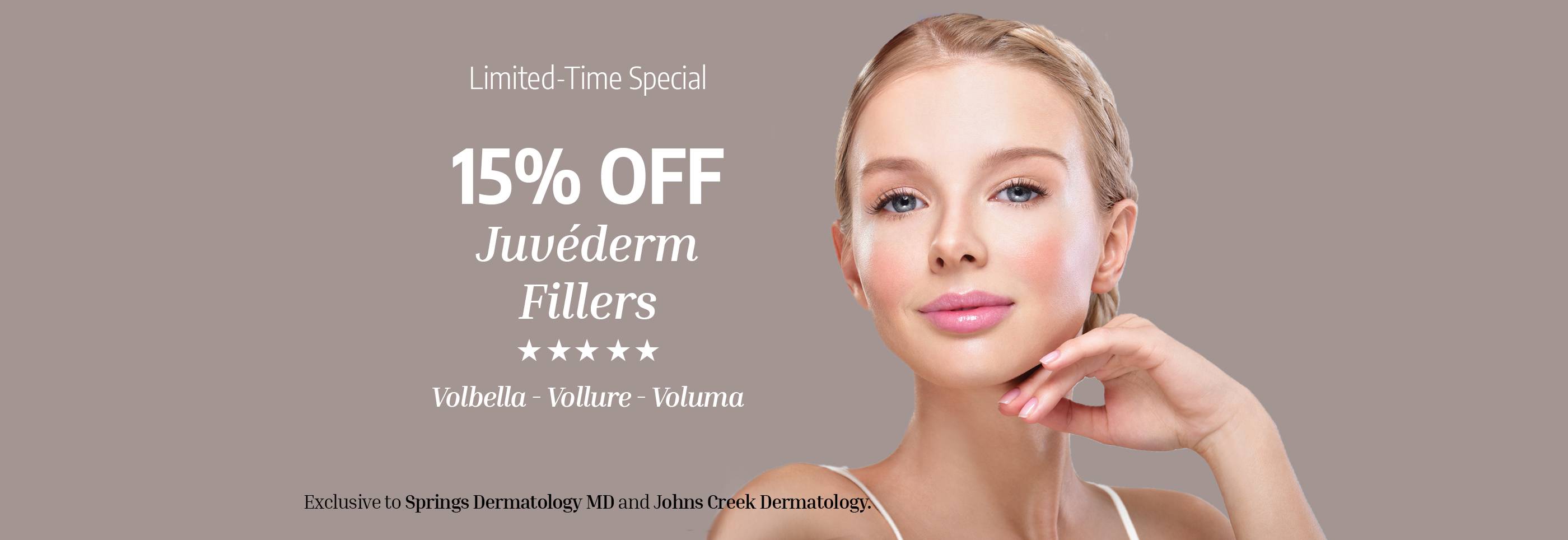 Confident woman with radiant, healthy skin,  showcasing a limited-time discount on a cosmetic treatment offer at johns Creek Dermatology 